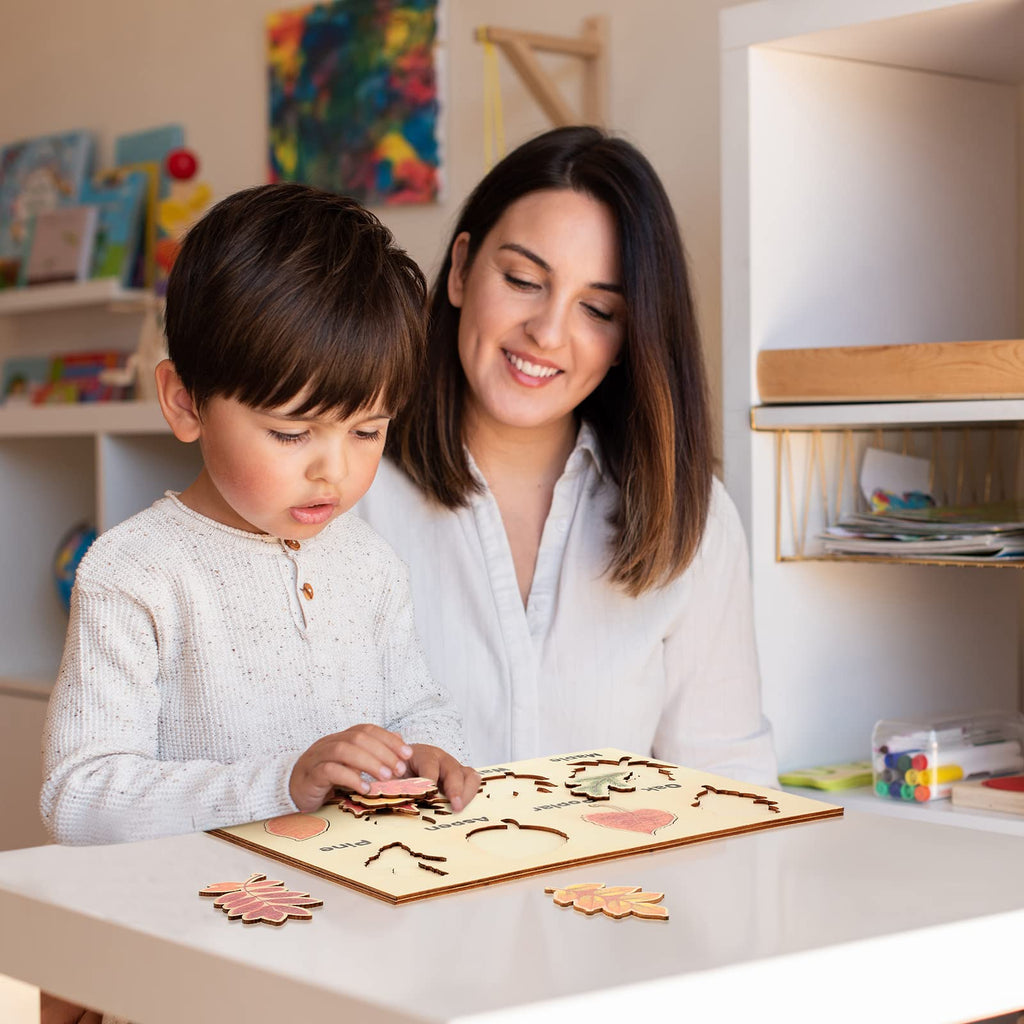 Kathfly 2-Piece Wooden Leaf Jigsaw Puzzle Set - 16 Colorful Leaves Montessori Educational Toy