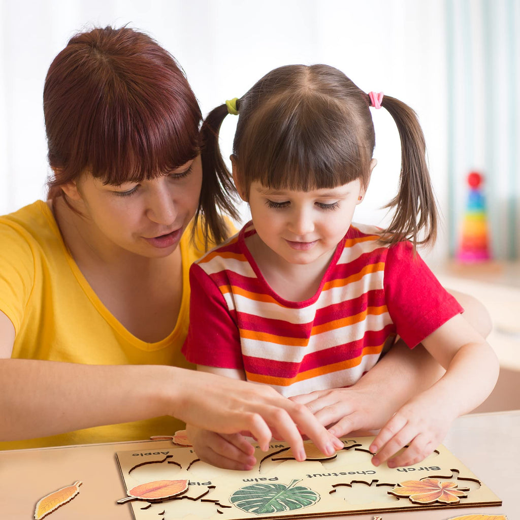 Kathfly 2-Piece Wooden Leaf Jigsaw Puzzle Set - 16 Colorful Leaves Montessori Educational Toy