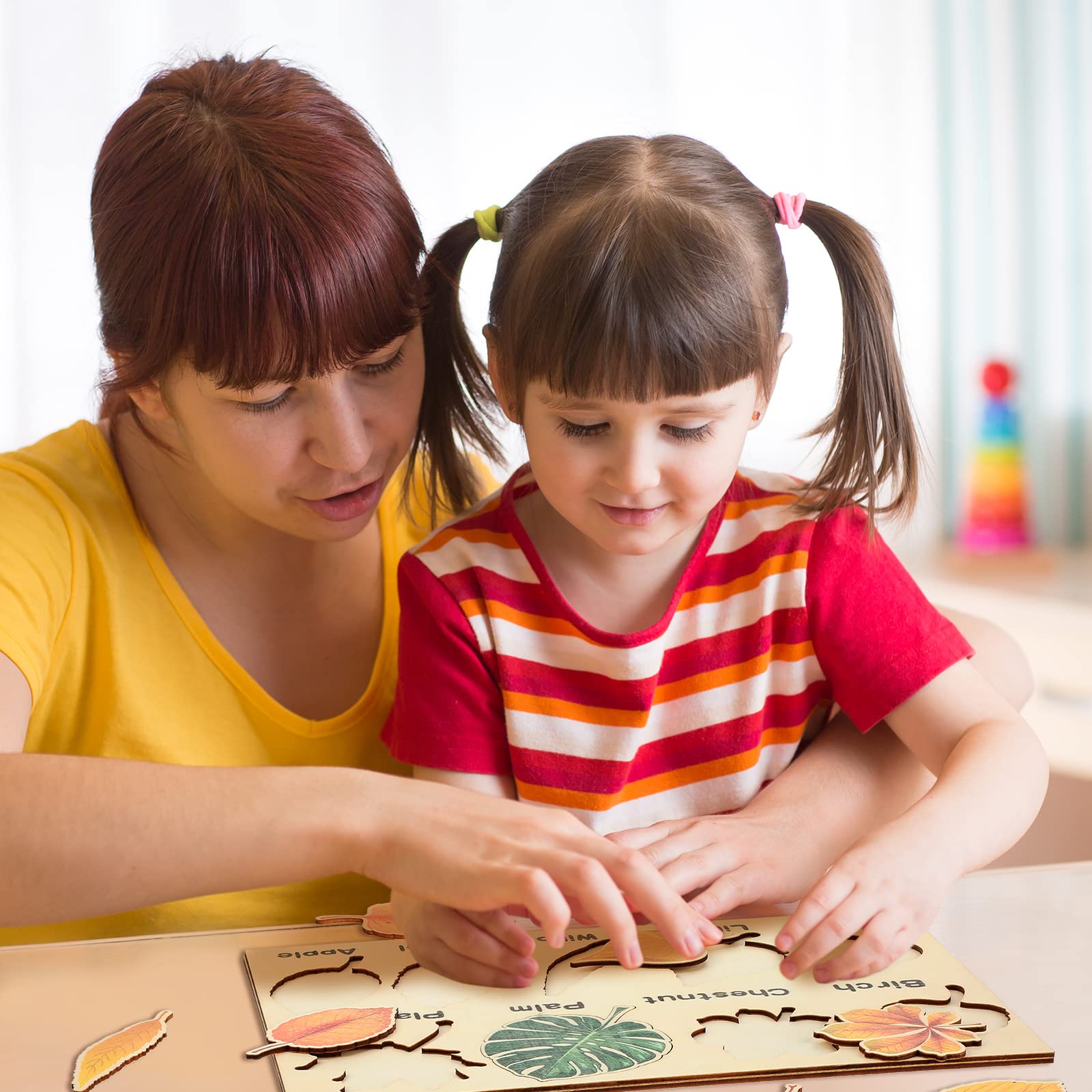 Kathfly 2-Piece Wooden Leaf Jigsaw Puzzle Set - 16 Colorful Leaves Montessori Educational Toy