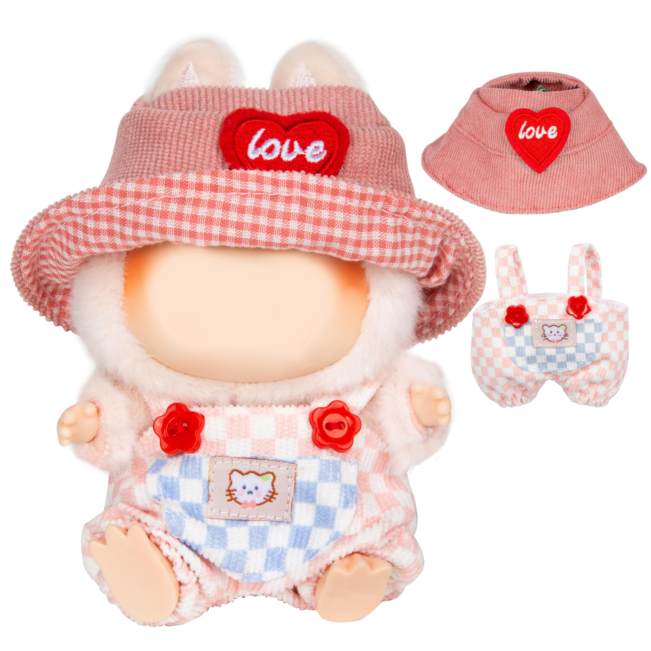 Kawaii Chic Style Set for 17cm Labubu Dolls – Pink White Check Romper & Heart Hat (Clothes Only)