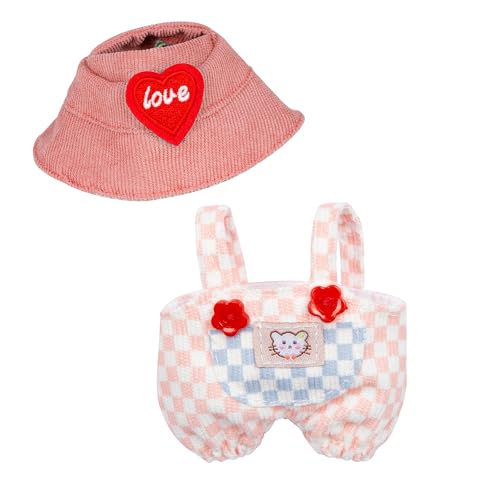 Kawaii Chic Style Set for 17cm Labubu Dolls – Pink White Check Romper & Heart Hat (Clothes Only)