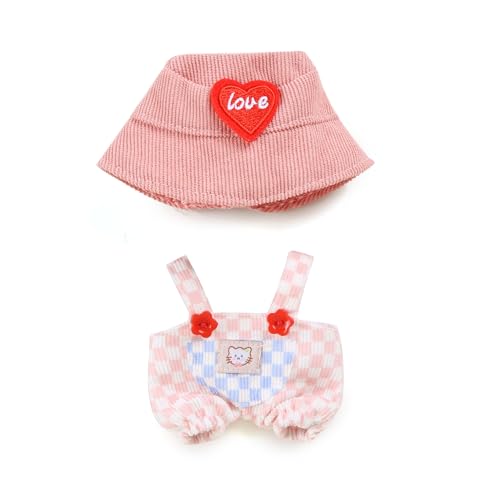 Kawaii Chic Style Set for 17cm Labubu Dolls – Pink White Check Romper & Heart Hat (Clothes Only)