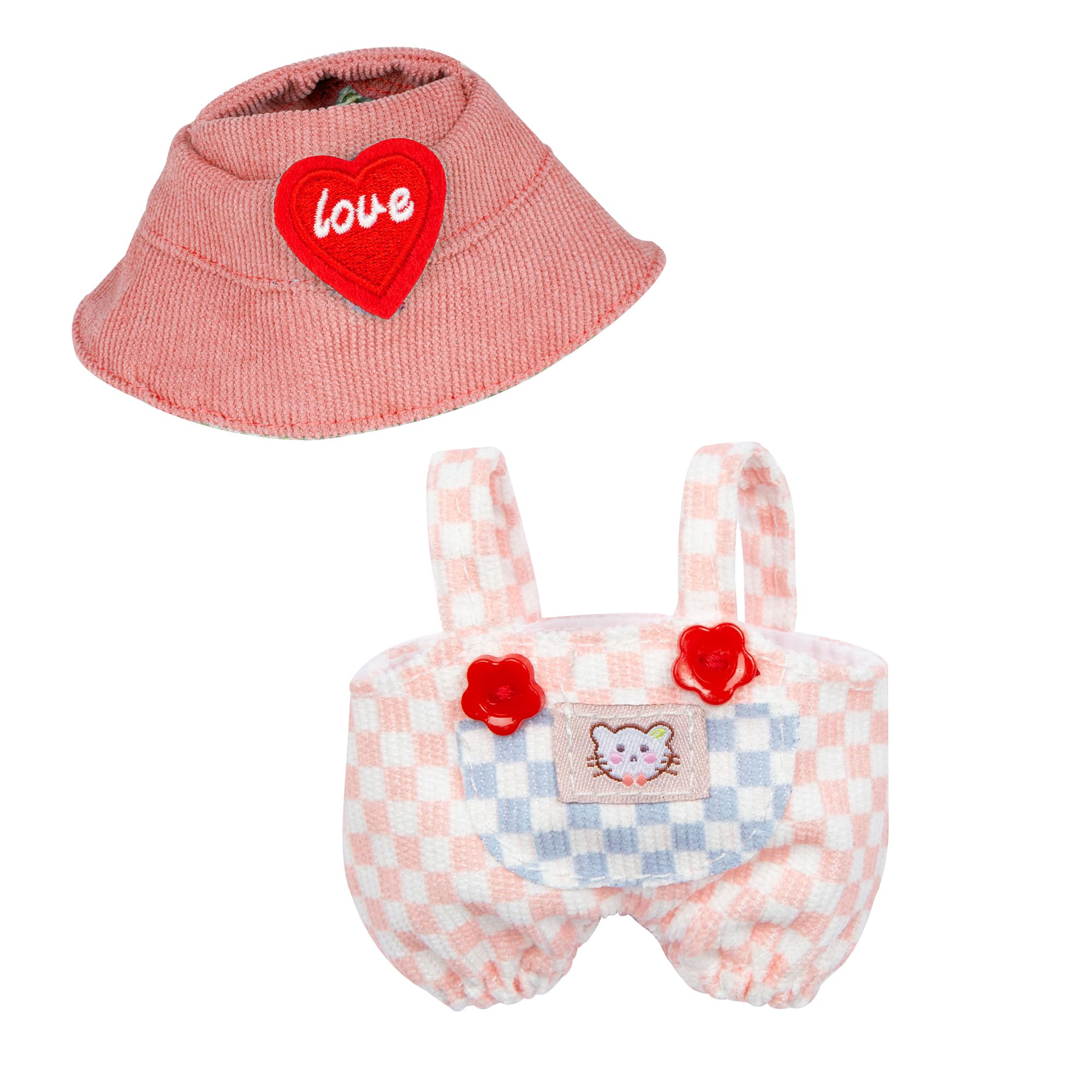 Kawaii Chic Style Set for 17cm Labubu Dolls – Pink White Check Romper & Heart Hat (Clothes Only)