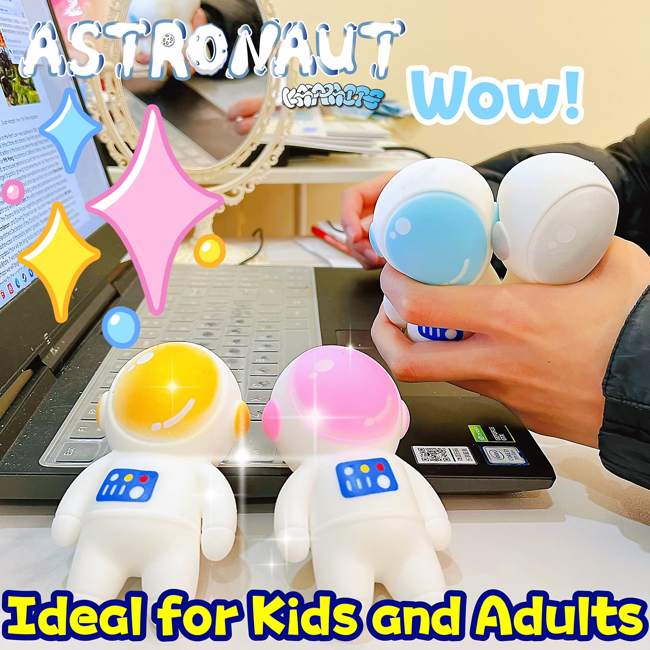 Kawaite 2-Pack Astronaut Stress Balls - Gold & Pink Squishy Fidget Toys for Kids & Adults, Anxiety Relief