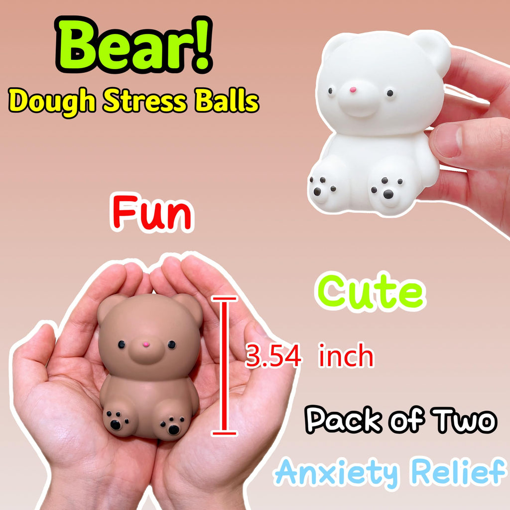 Kawaite 2 Pack Squishy Gummy Bear Stress Balls - White and Brown Dough Fidget Toy for Anxiety Relief and Focus