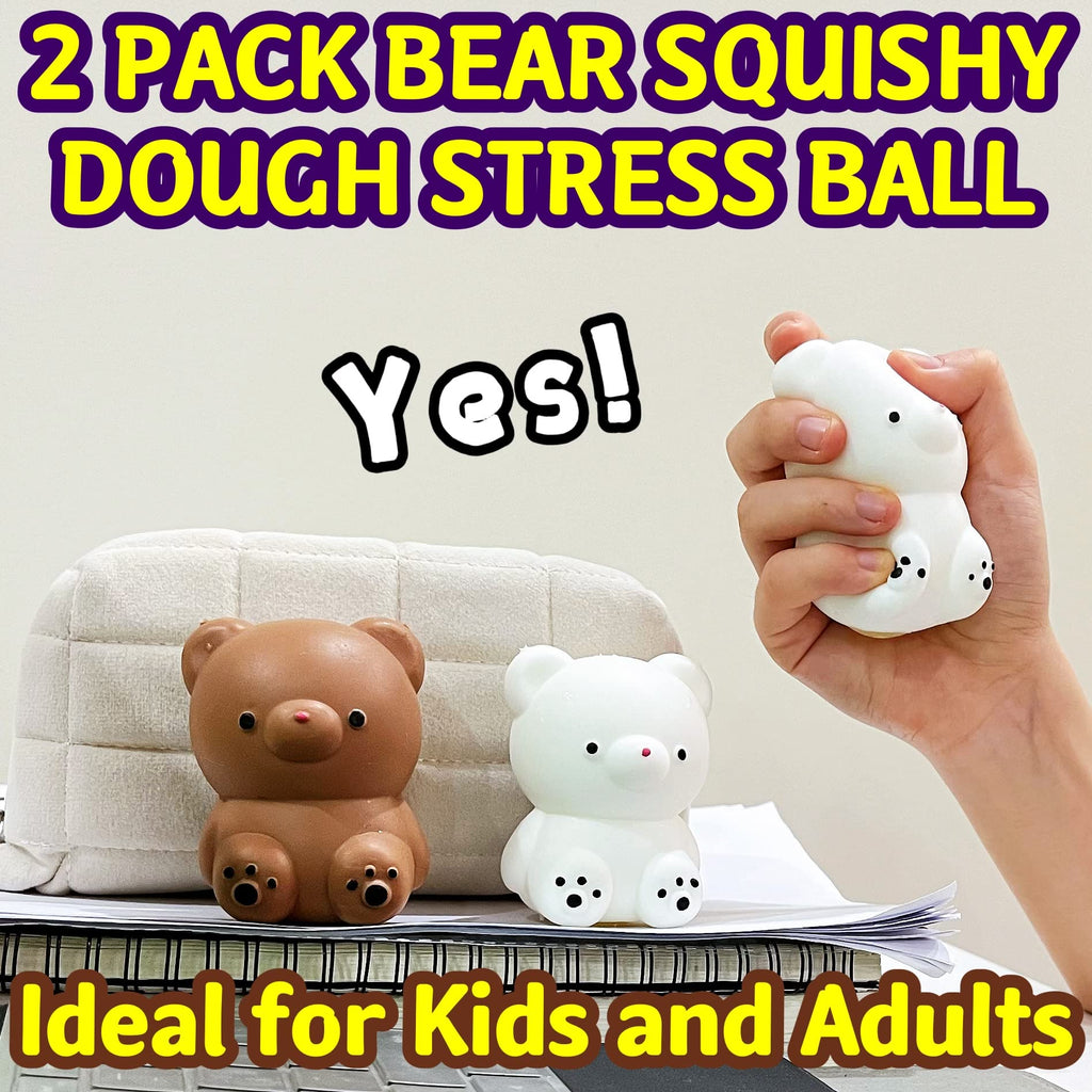 Kawaite 2 Pack Squishy Gummy Bear Stress Balls - White and Brown Dough Fidget Toy for Anxiety Relief and Focus