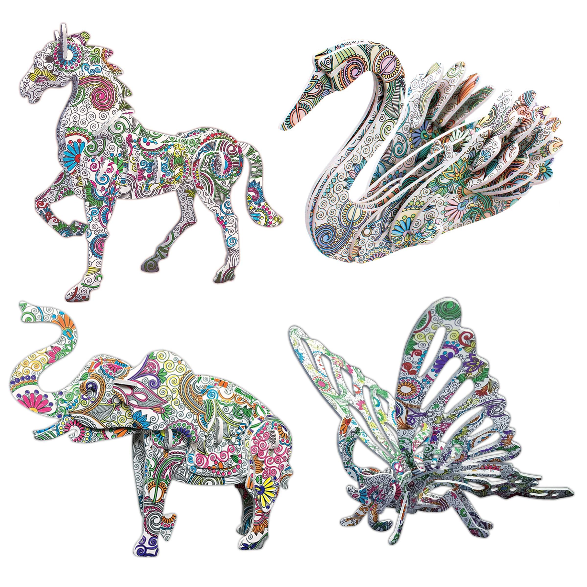 KAZOKU 3D Coloring Puzzle Set – 4 Animal Puzzles for Kids Ages 6-12, No Glue Needed