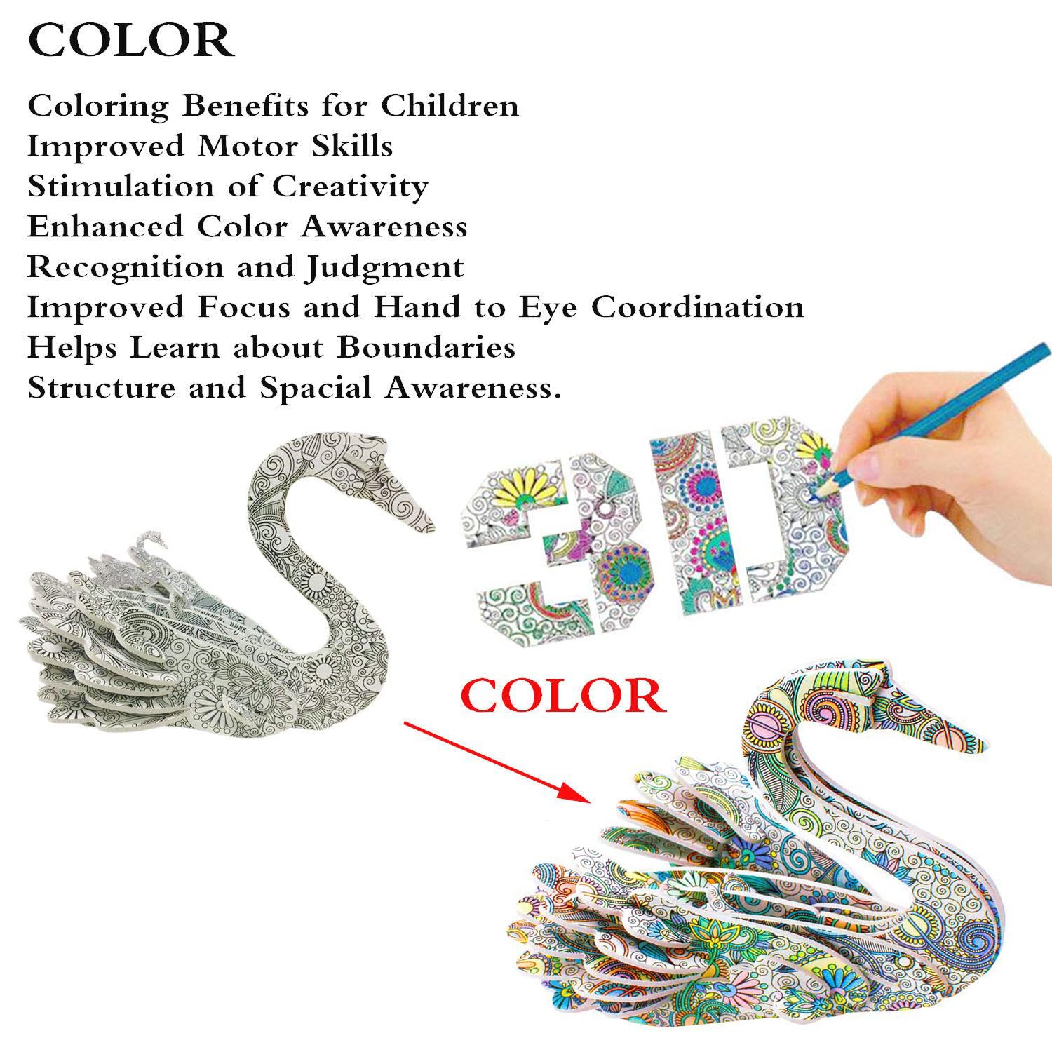 KAZOKU 3D Coloring Puzzle Set – 4 Animal Puzzles for Kids Ages 6-12, No Glue Needed