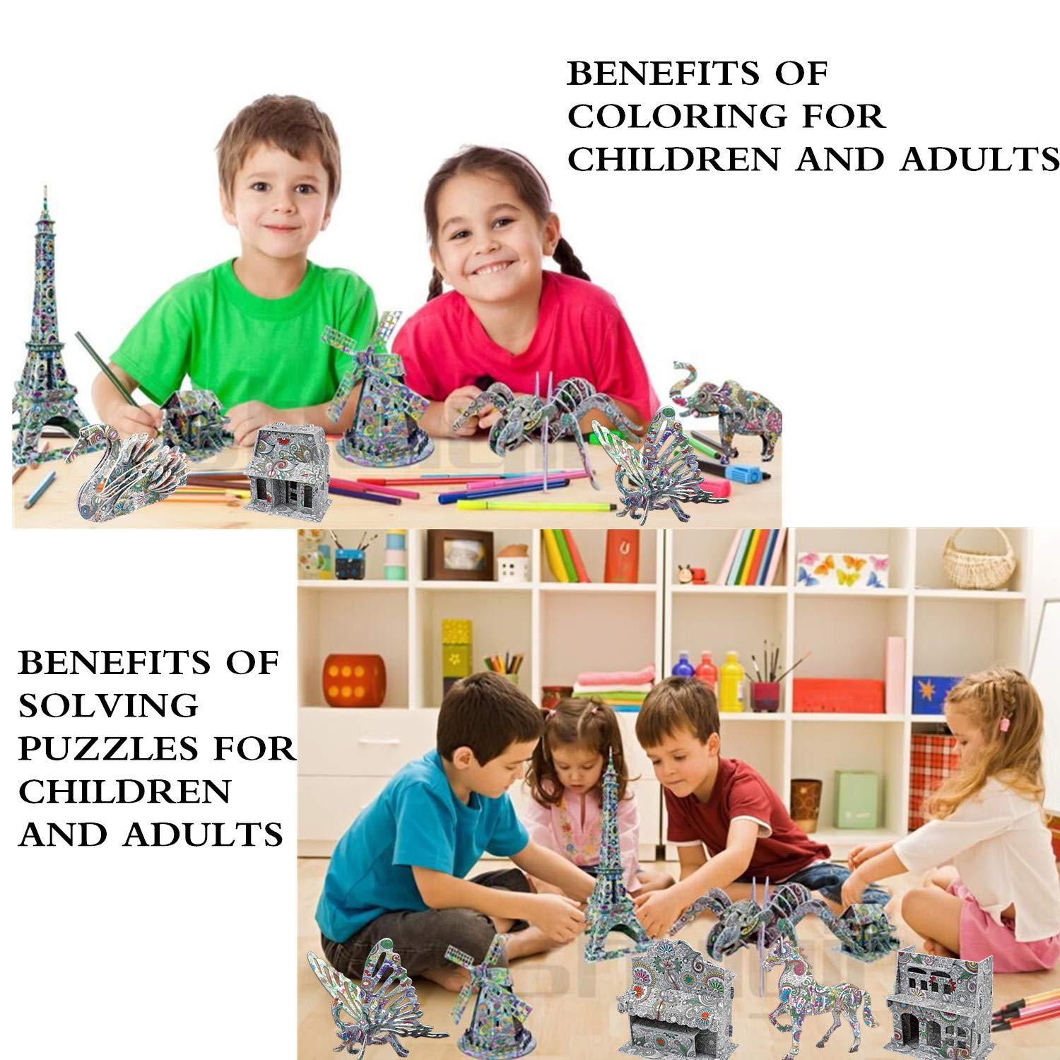 KAZOKU 3D Coloring Puzzle Set – 4 Animal Puzzles for Kids Ages 6-12, No Glue Needed