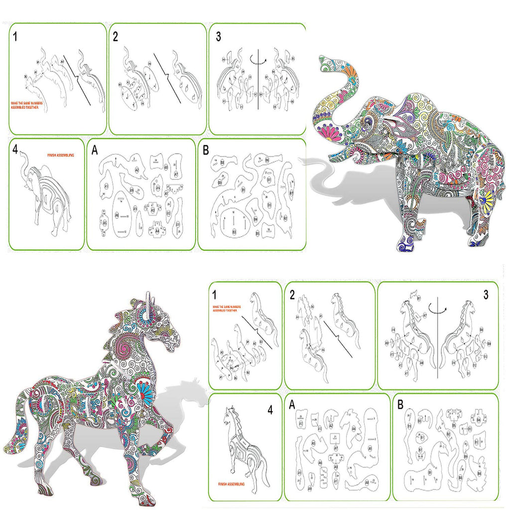 KAZOKU 3D Coloring Puzzle Set – 4 Animal Puzzles for Kids Ages 6-12, No Glue Needed