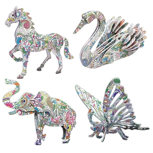 KAZOKU 3D Coloring Puzzle Set – 4 Animal Puzzles for Kids Ages 6-12, No Glue Needed