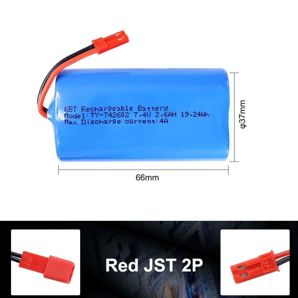 KBT 7.4V 2600mAh Li-ion Rechargeable Battery Pack with Red JST-2P Plug for RC Vehicles and Electronics