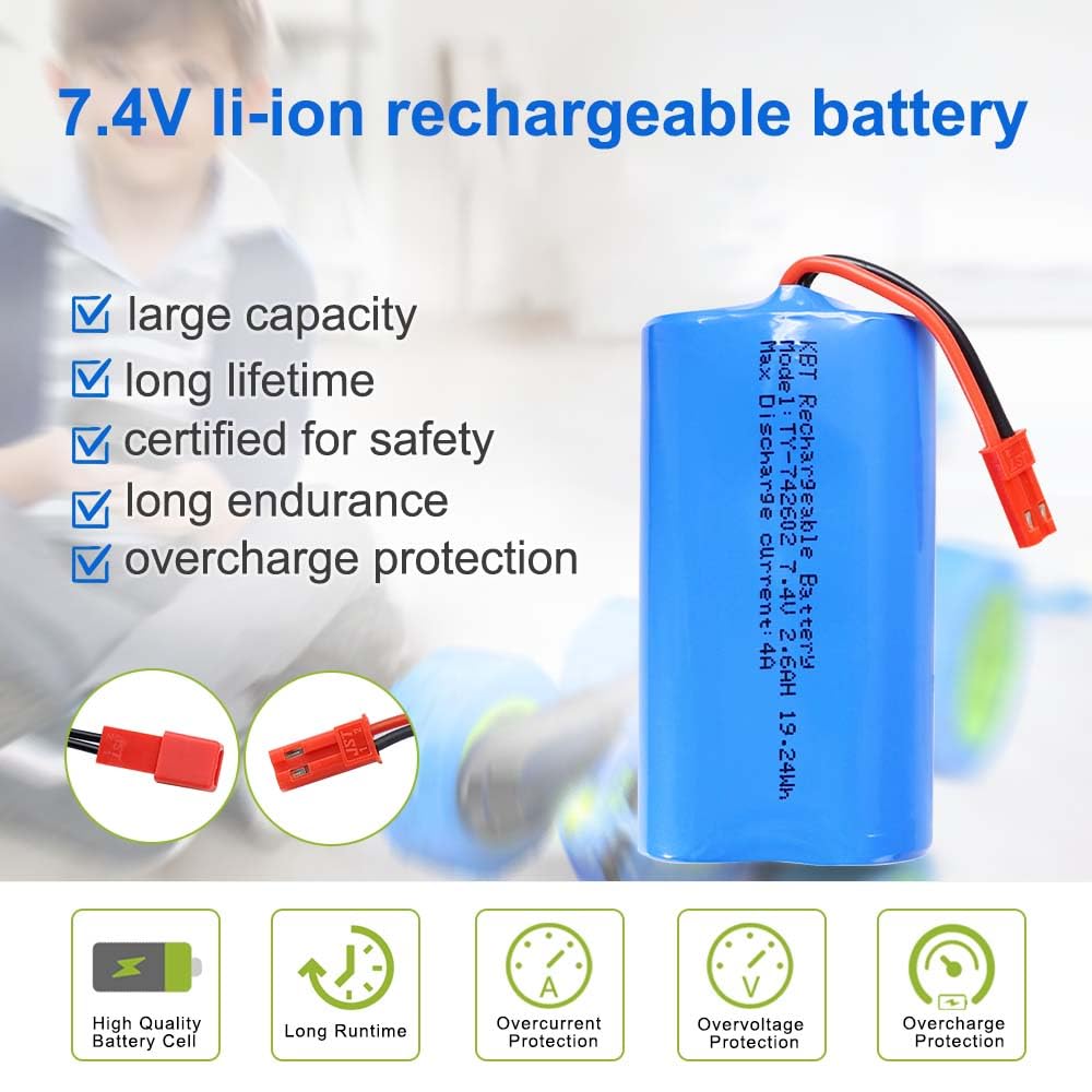 KBT 7.4V 2600mAh Li-ion Rechargeable Battery Pack with Red JST-2P Plug for RC Vehicles and Electronics