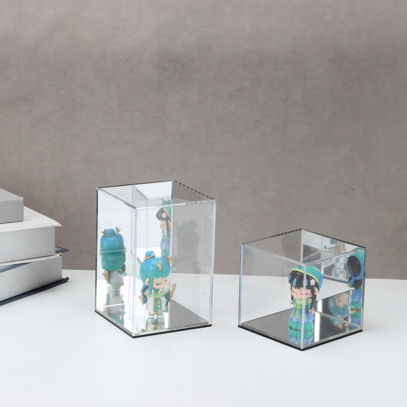 KCGANI Clear Acrylic Display Box with Mirror Back – 4x4x4 Inch Cube for Collectibles