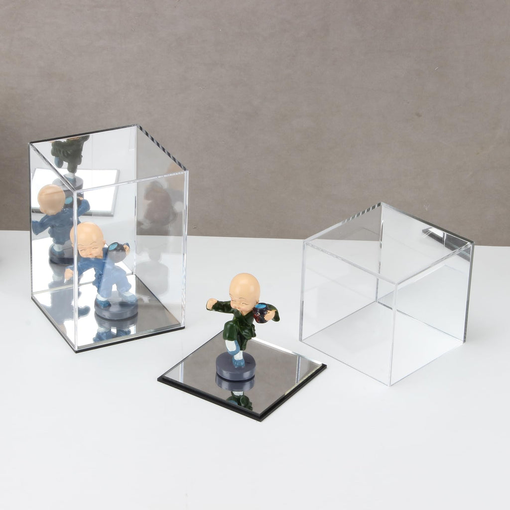 KCGANI Clear Acrylic Display Box with Mirror Back – 4x4x4 Inch Cube for Collectibles