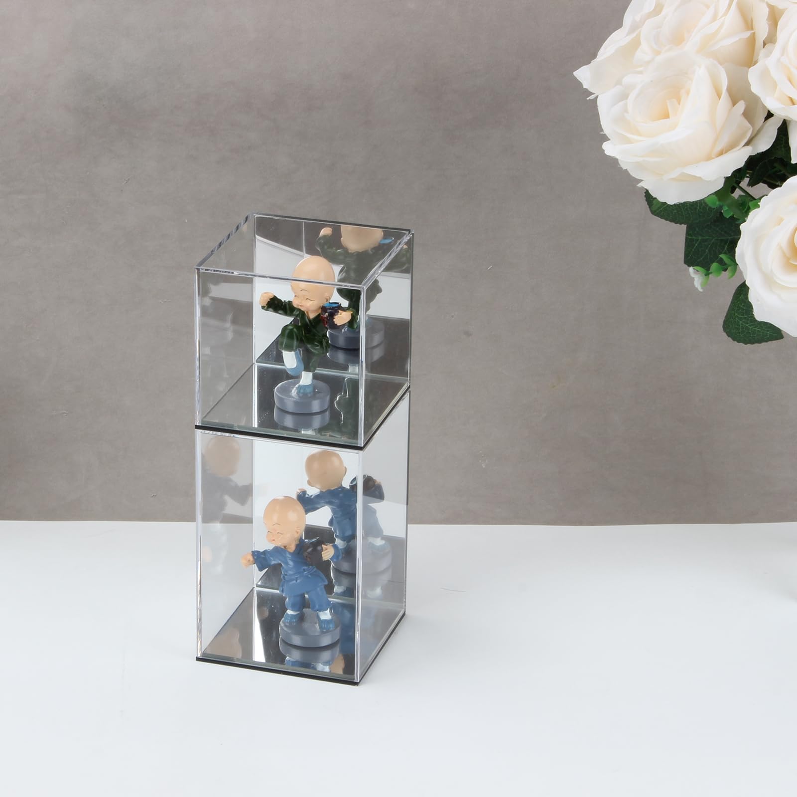 KCGANI Clear Acrylic Display Box with Mirror Back – 4x4x4 Inch Cube for Collectibles