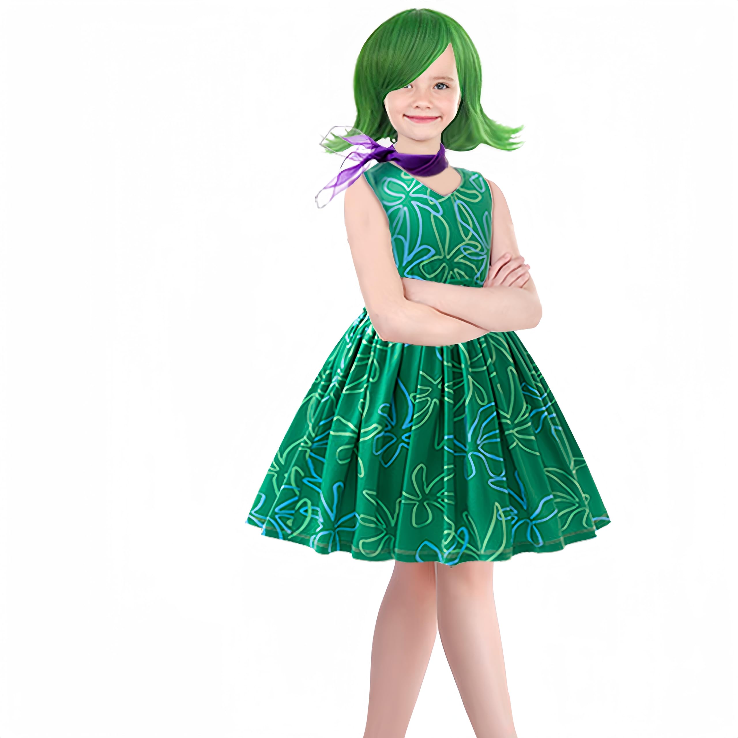Keaiyouhuo Green Disgust Costume for Girls – Includes Wig, Kids Cosplay Dress for Halloween Birthday Christmas