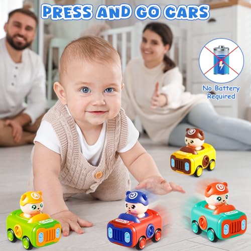 Keamaidy 4-Pack Press-to-Go Baby Car Toys for Toddlers 1-3, No-Battery Whistle Push Cars