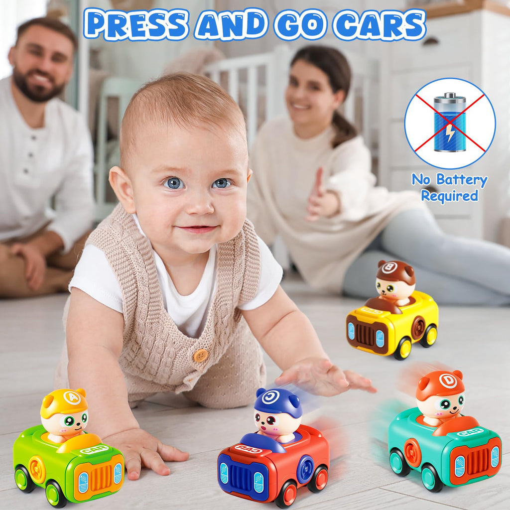 Keamaidy 4-Pack Press-to-Go Baby Car Toys for Toddlers 1-3, No-Battery Whistle Push Cars