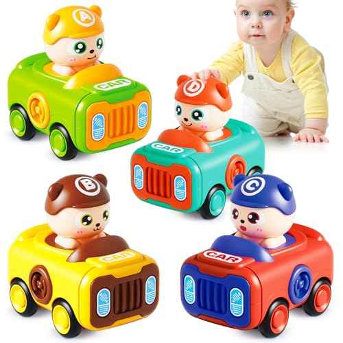 Keamaidy 4-Pack Press-to-Go Baby Car Toys for Toddlers 1-3, No-Battery Whistle Push Cars