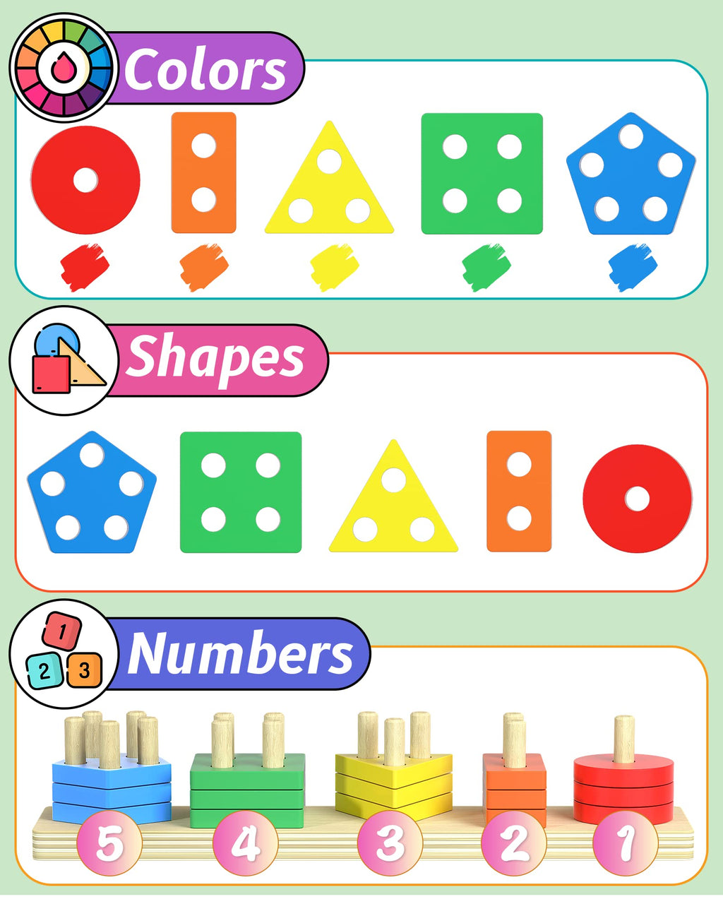 kecristv Montessori Shape Sorter – 20-Piece Wooden Stacking Toy for Toddlers Ages 1-3