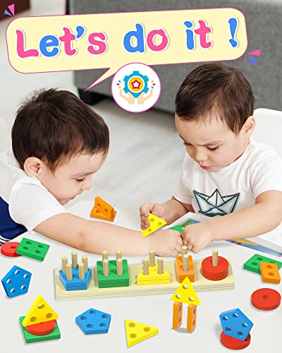 kecristv Montessori Shape Sorter – 20-Piece Wooden Stacking Toy for Toddlers Ages 1-3
