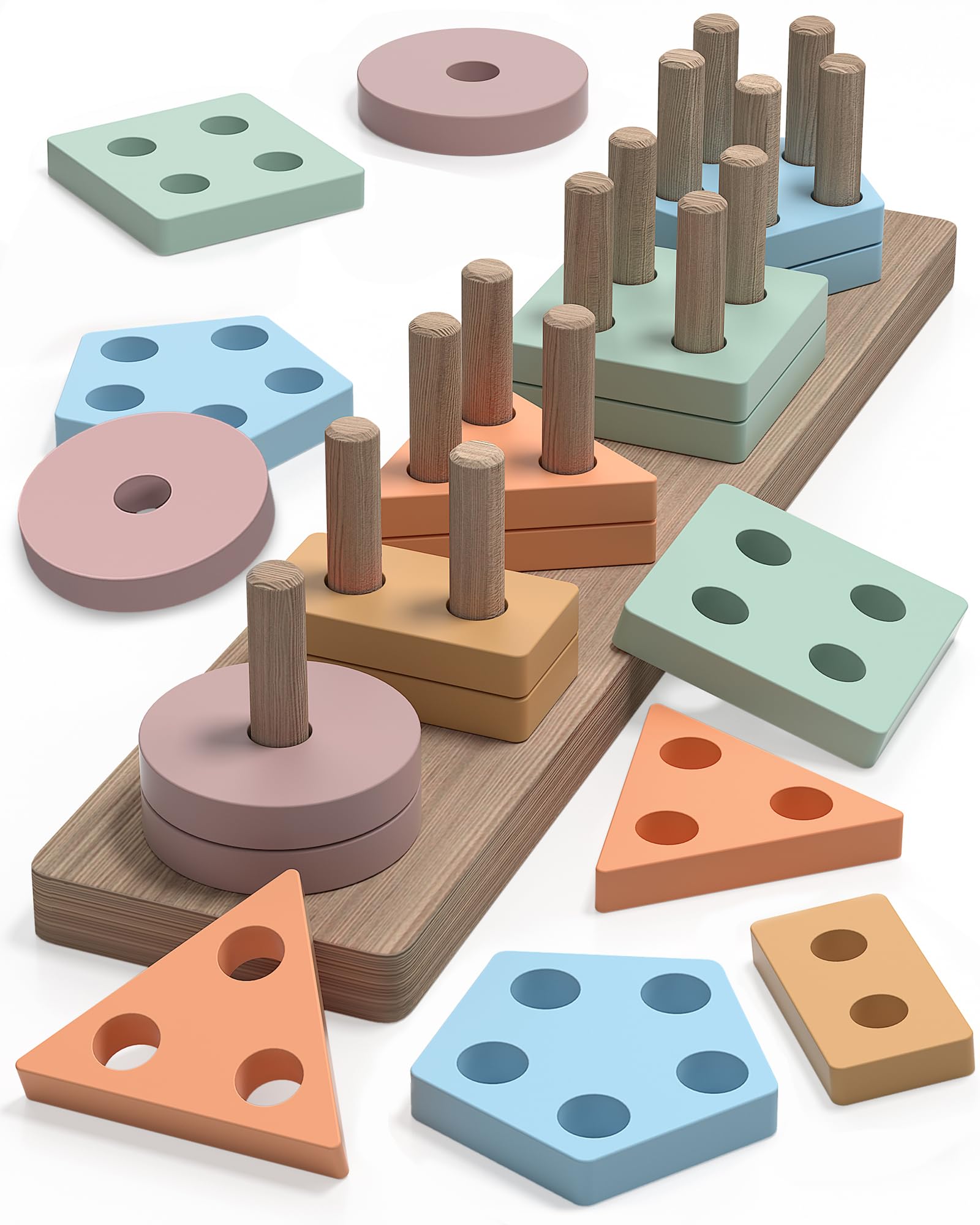 kecristv Montessori Shape Sorter Wooden Toy for Toddlers 1-3 Years – 20-Piece Stacking Puzzle with 5 Colors & Shapes