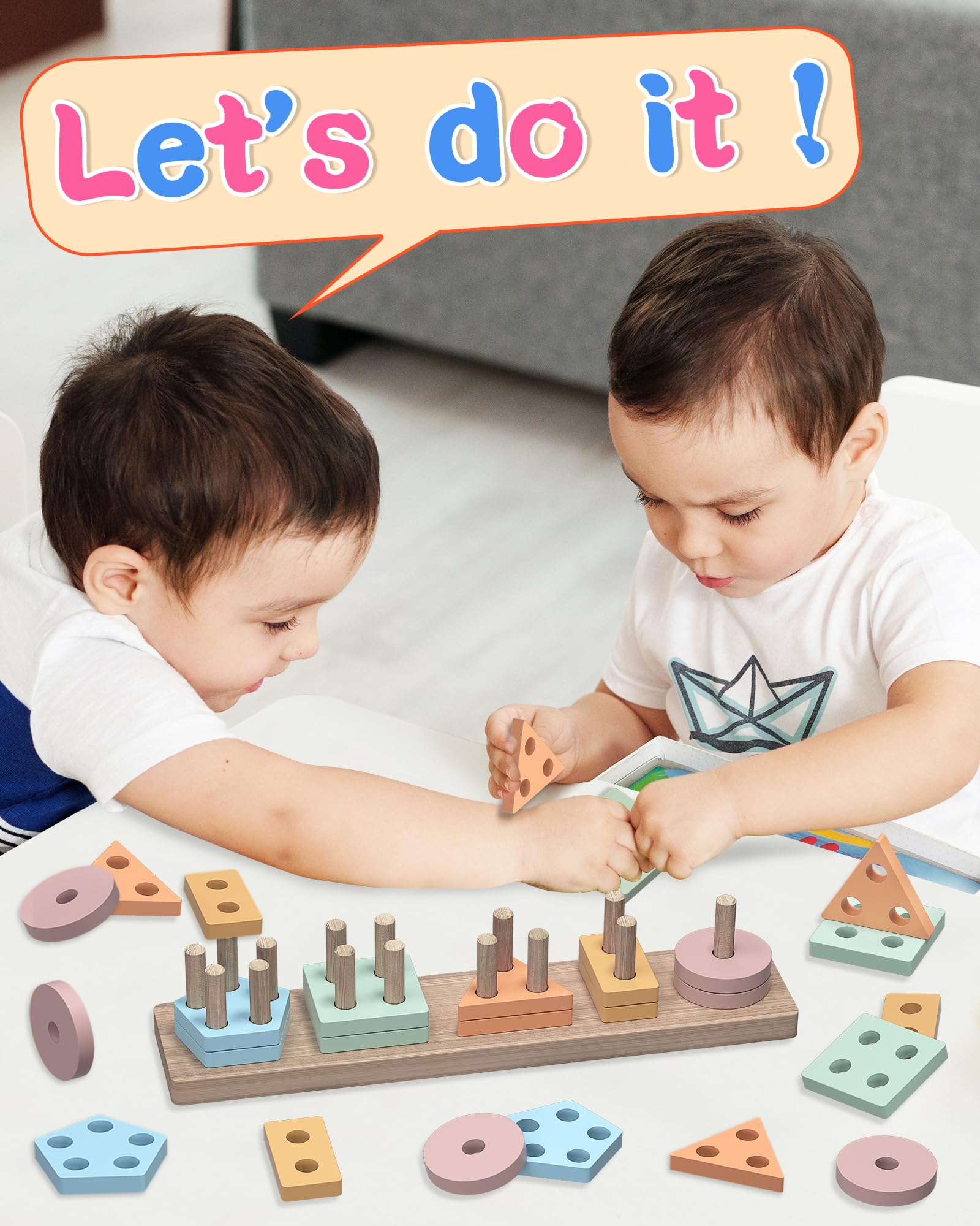 kecristv Montessori Shape Sorter Wooden Toy for Toddlers 1-3 Years – 20-Piece Stacking Puzzle with 5 Colors & Shapes