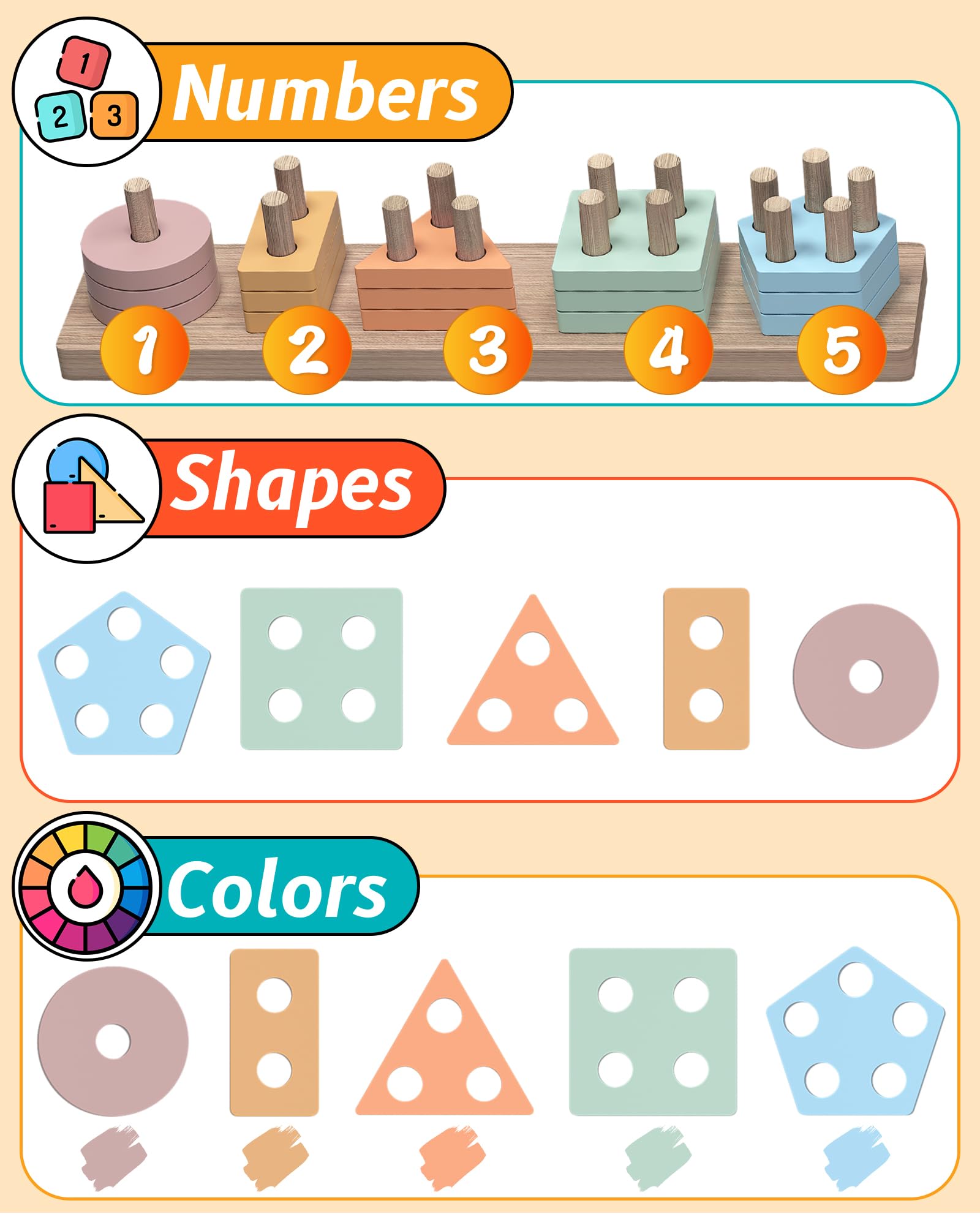 kecristv Montessori Shape Sorter Wooden Toy for Toddlers 1-3 Years – 20-Piece Stacking Puzzle with 5 Colors & Shapes
