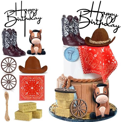 KEEPARTY 11-Piece Cowboy Cake Toppers – Hat, Boot, Horse, and Western Decorations for Birthday or Baby Shower