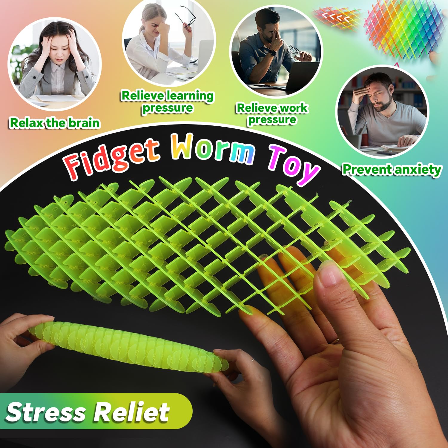 KEJIH 7-Pack Fidget Worm Toy - Stretchy Sensory Slug for Stress Relief, Quiet Anxiety Toy for Kids & Adults, Multicolor Elastic Mesh Fidgets (7 Colors)