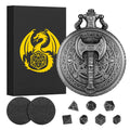 Keller & Weber Mini DND Dice Set in Steampunk Barbarian Axe Pocket Watch Case – 7 Polyhedral Metal Dice for D&D, Dark Silver
