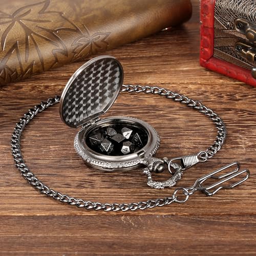 Keller & Weber Mini DND Dice Set in Steampunk Barbarian Axe Pocket Watch Case – 7 Polyhedral Metal Dice for D&D, Dark Silver