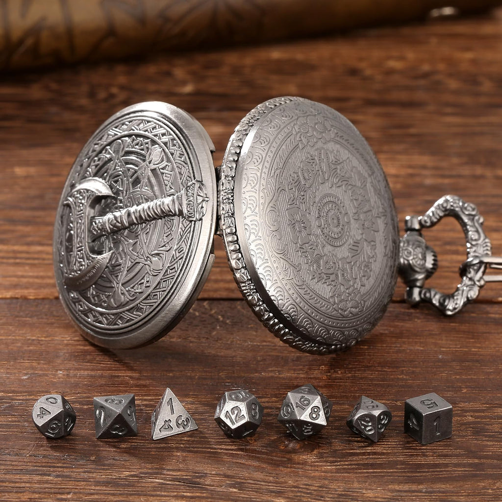 Keller & Weber Mini DND Dice Set in Steampunk Barbarian Axe Pocket Watch Case – 7 Polyhedral Metal Dice for D&D, Dark Silver