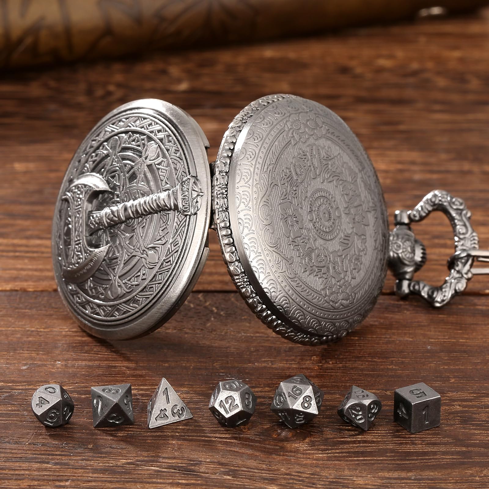 Keller & Weber Mini DND Dice Set in Steampunk Barbarian Axe Pocket Watch Case – 7 Polyhedral Metal Dice for D&D, Dark Silver