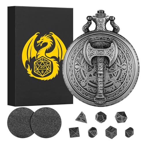 Keller & Weber Mini DND Dice Set in Steampunk Barbarian Axe Pocket Watch Case – 7 Polyhedral Metal Dice for D&D, Dark Silver