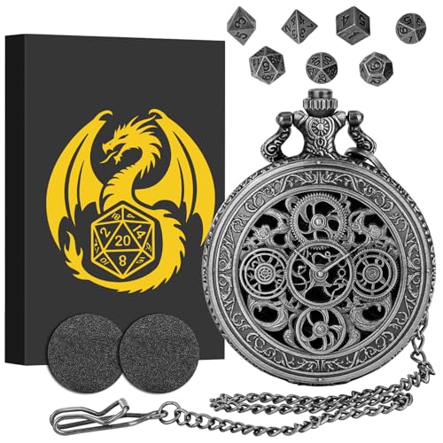Keller & Weber Mini DND Dice Set in Steampunk Hollow Gear Pocket Watch Case – 7-Piece Polyhedral Metal Dice with Gift Box, Dark Silver