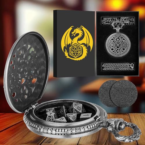 Keller & Weber Mini DND Dice Set in Steampunk Hollow Gear Pocket Watch Case – 7-Piece Polyhedral Metal Dice with Gift Box, Dark Silver