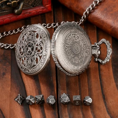 Keller & Weber Mini DND Dice Set in Steampunk Hollow Gear Pocket Watch Case – 7-Piece Polyhedral Metal Dice with Gift Box, Dark Silver