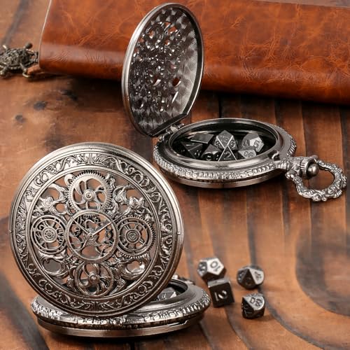 Keller & Weber Mini DND Dice Set in Steampunk Hollow Gear Pocket Watch Case – 7-Piece Polyhedral Metal Dice with Gift Box, Dark Silver