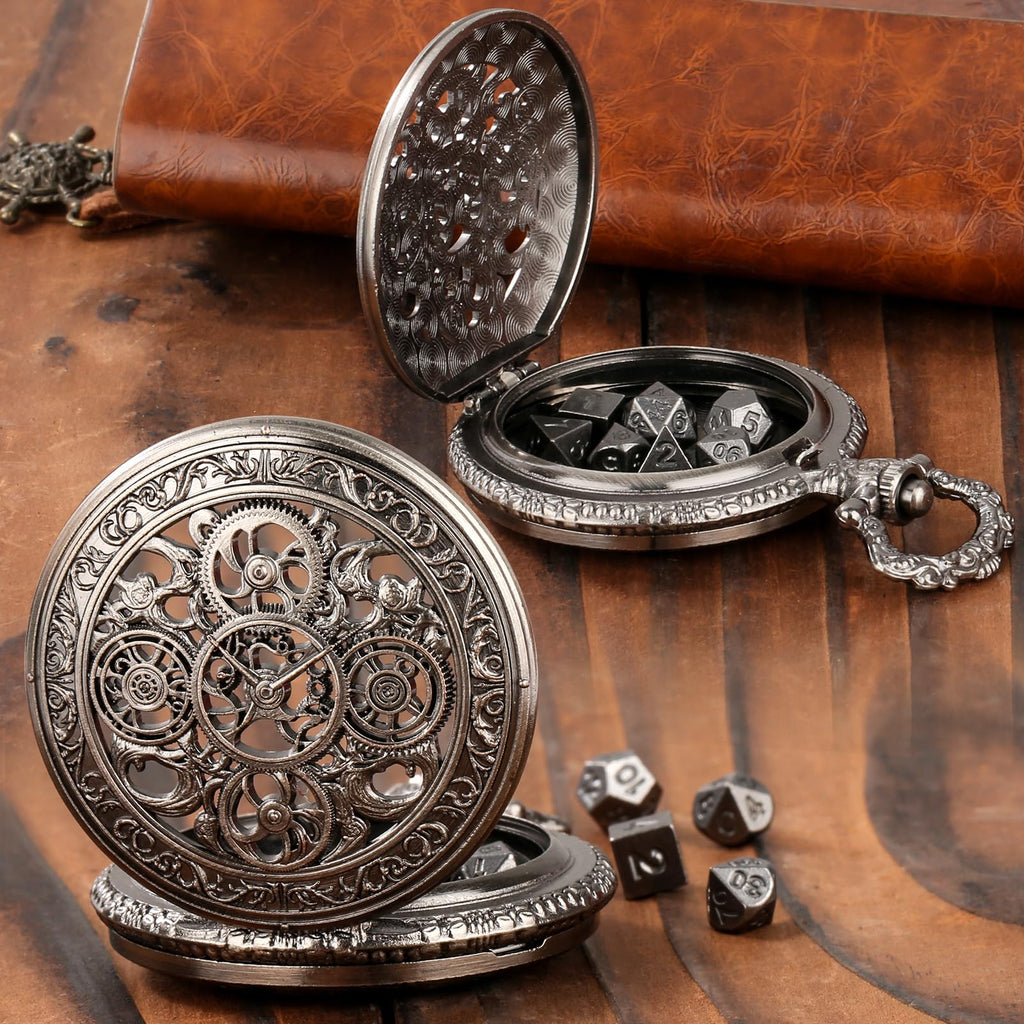Keller & Weber Mini DND Dice Set in Steampunk Hollow Gear Pocket Watch Case – 7-Piece Polyhedral Metal Dice with Gift Box, Dark Silver