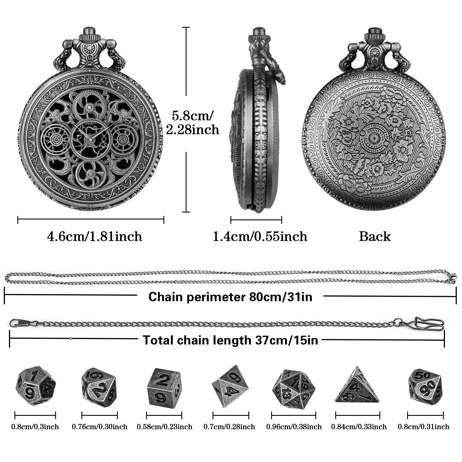 Keller & Weber Mini DND Dice Set in Steampunk Hollow Gear Pocket Watch Case – 7-Piece Polyhedral Metal Dice with Gift Box, Dark Silver