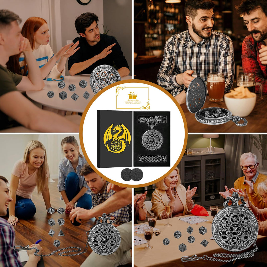 Keller & Weber Mini DND Dice Set in Steampunk Hollow Gear Pocket Watch Case – 7-Piece Polyhedral Metal Dice with Gift Box, Dark Silver