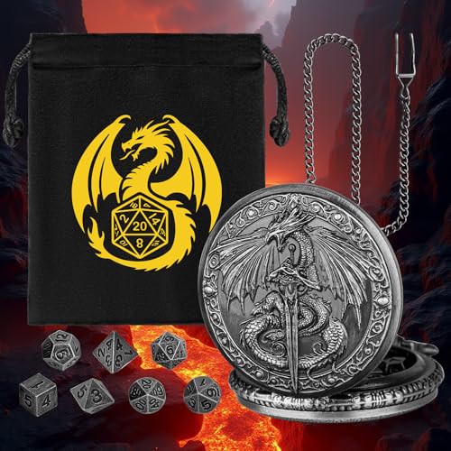 Keller & Weber Mini DND Dice Set with Flying Dragon Pocket Watch Case – 7 Polyhedral Metal Dice & Gift Bag
