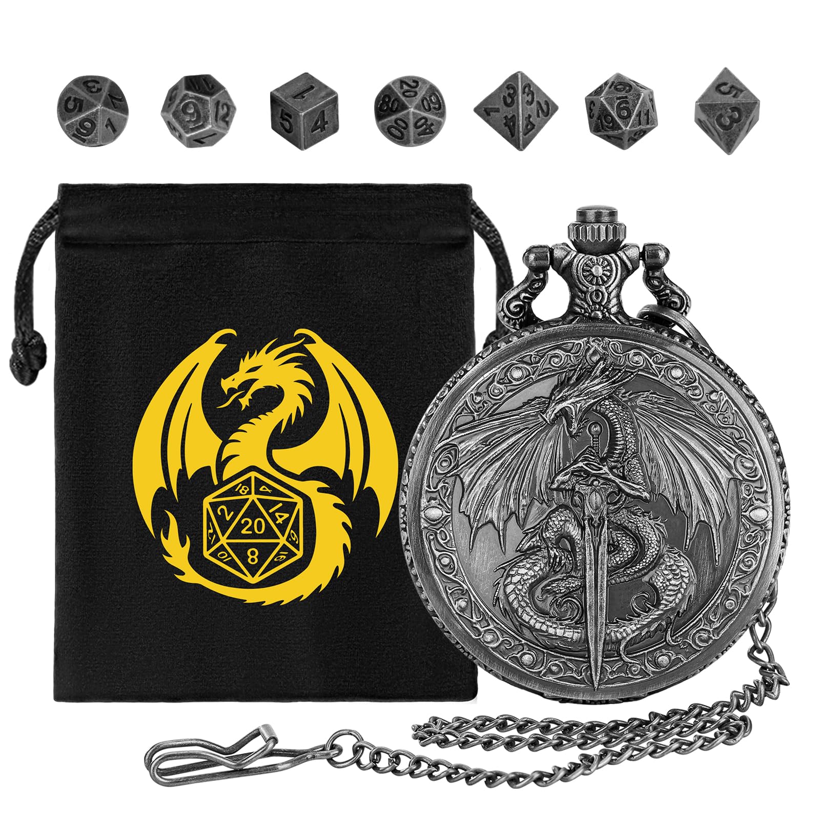 Keller & Weber Mini DND Dice Set with Flying Dragon Pocket Watch Case – 7 Polyhedral Metal Dice & Gift Bag