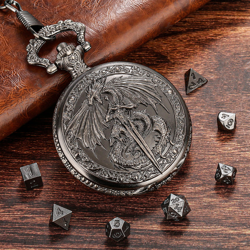 Keller & Weber Mini DND Dice Set with Flying Dragon Pocket Watch Case – 7 Polyhedral Metal Dice & Gift Bag