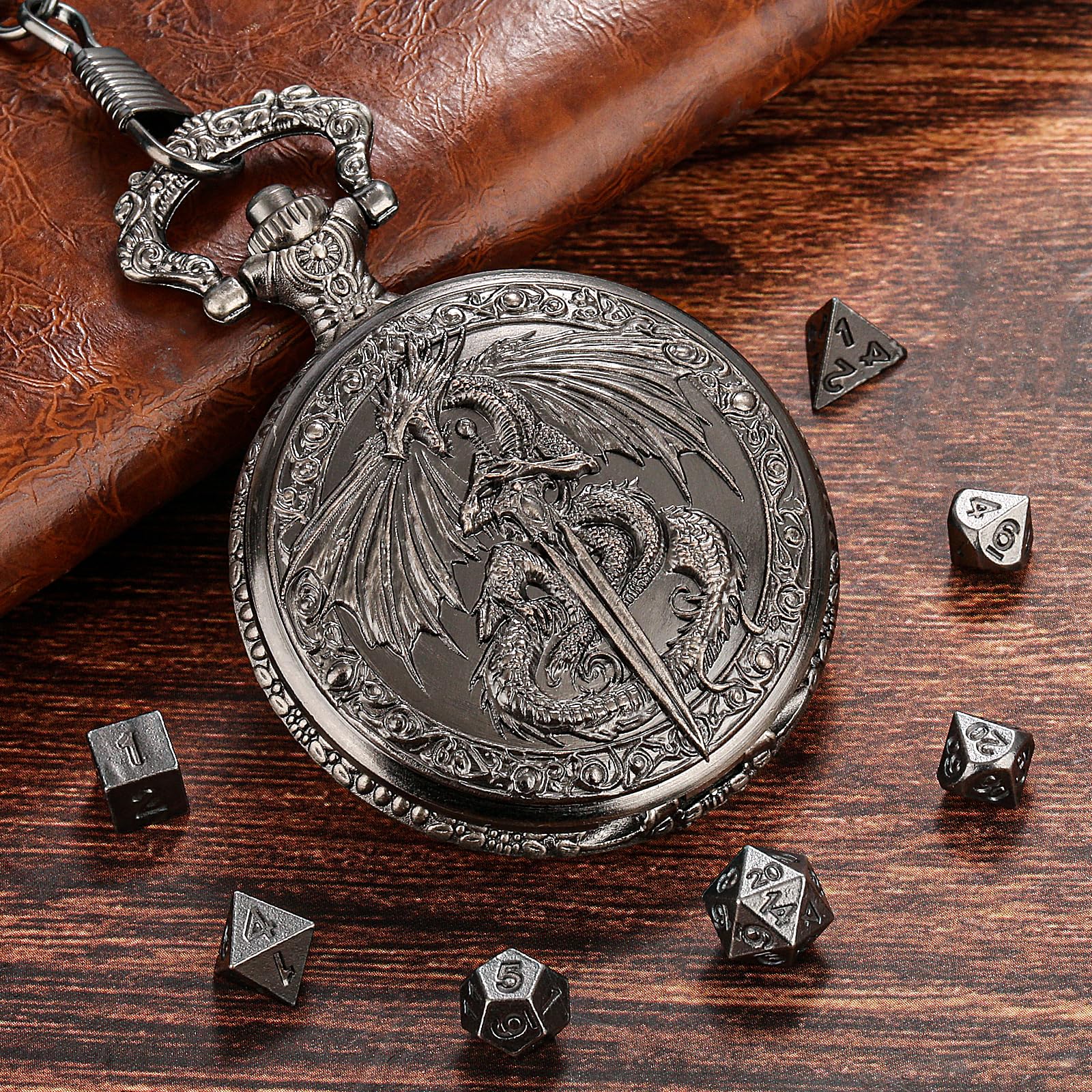 Keller & Weber Mini DND Dice Set with Flying Dragon Pocket Watch Case – 7 Polyhedral Metal Dice & Gift Bag