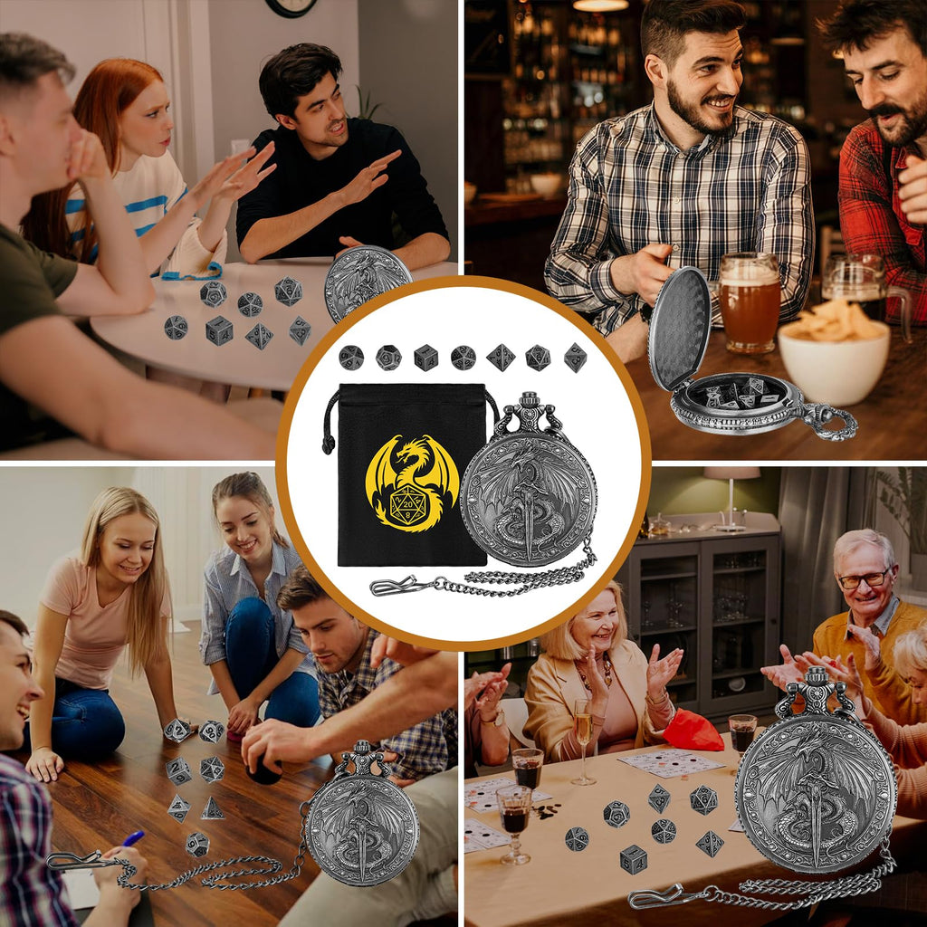 Keller & Weber Mini DND Dice Set with Flying Dragon Pocket Watch Case – 7 Polyhedral Metal Dice & Gift Bag