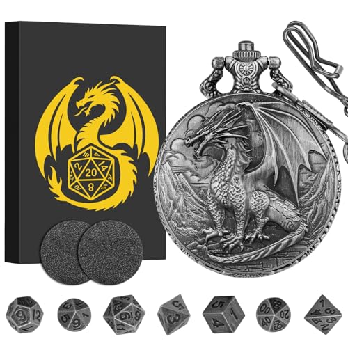 Keller & Weber Mini DND Dice Set with Steampunk Dragon Pocket Watch Case - Dark Silver 7-Piece Polyhedral Metal Dice for Role Playing Games