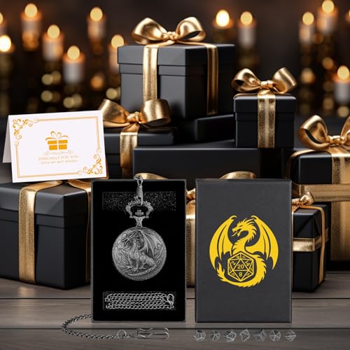Keller & Weber Mini DND Dice Set with Steampunk Dragon Pocket Watch Case - Dark Silver 7-Piece Polyhedral Metal Dice for Role Playing Games